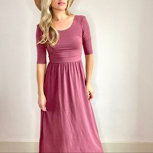 Garnet Hill Dusty Rose Mauve 3/4 Sleeve Maxi Dress